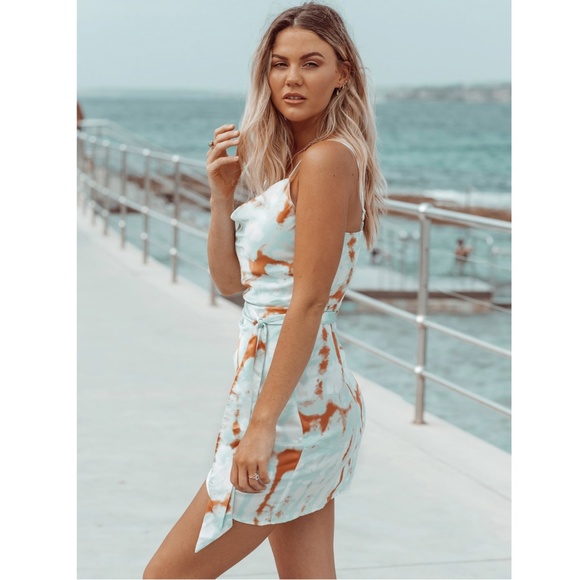 Tie Dye Short Dress Cowl Neck Tie Waist Faux Wrap Satin - Picture 3 of 11